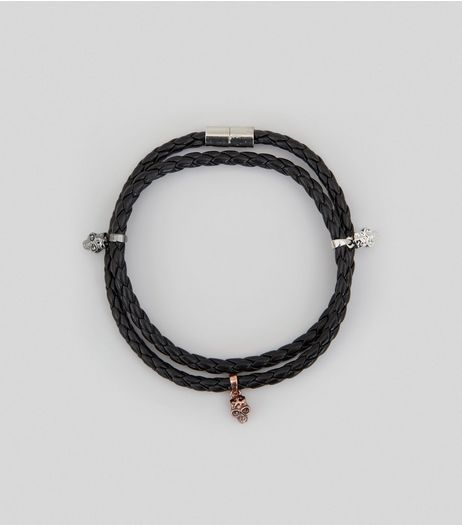 Black Skull Charm Wrap Bracelet | New Look