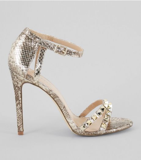Gold Animal Print Studded Leather-Look Heels | New Look