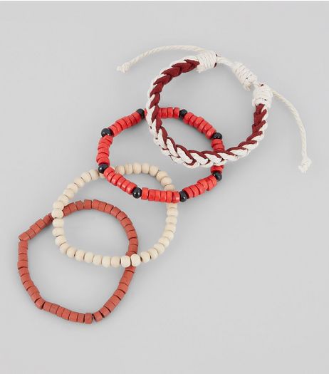 4 Pack Red Bead Bracelets | New Look