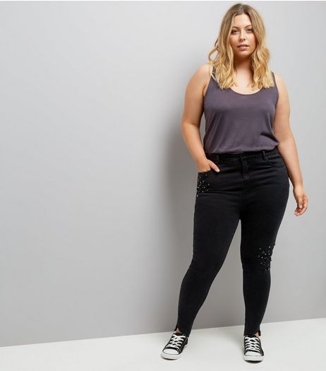 Curves Black Gem Beaded Angled Hem Skinny Jeans | New Look
