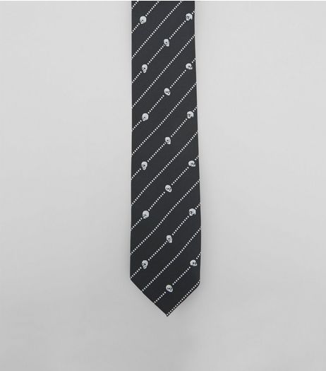 Black Skull Stripe Print Tie | New Look