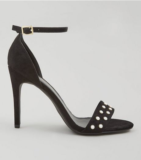 Black Suedette Pearl Stud Heeled Sandals | New Look