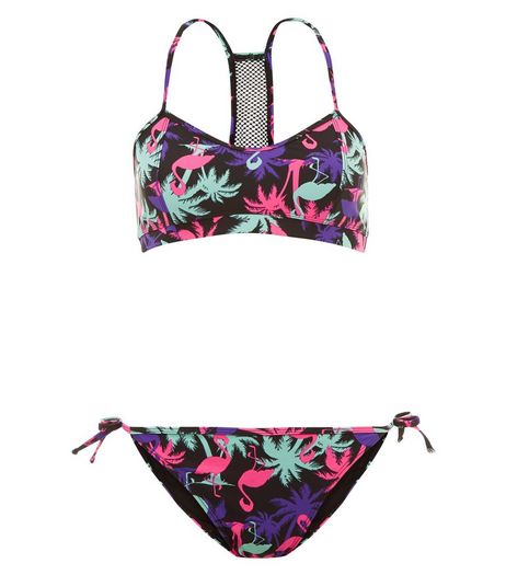 Teens Black Flamingo Print Mesh Panel Bikini | New Look