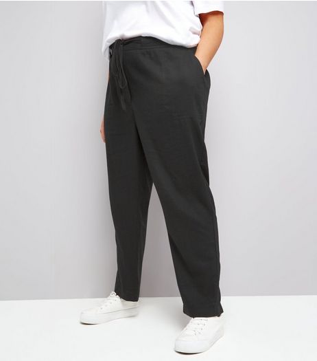 Curves Black Tie Waist Cropped Trousers | New Look