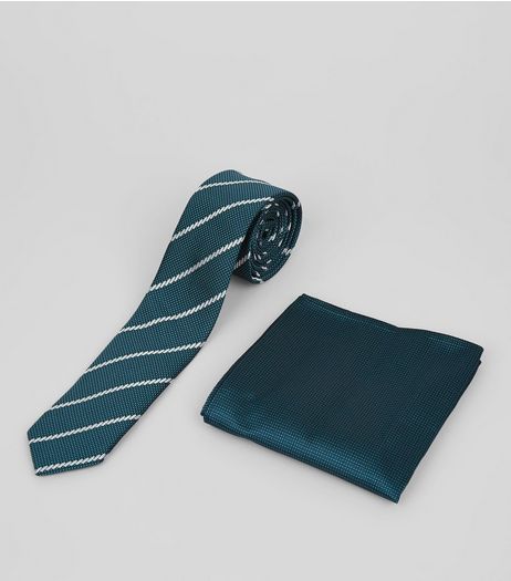 2 Pack Blue Stripe Tie and Pocket Square | New Look