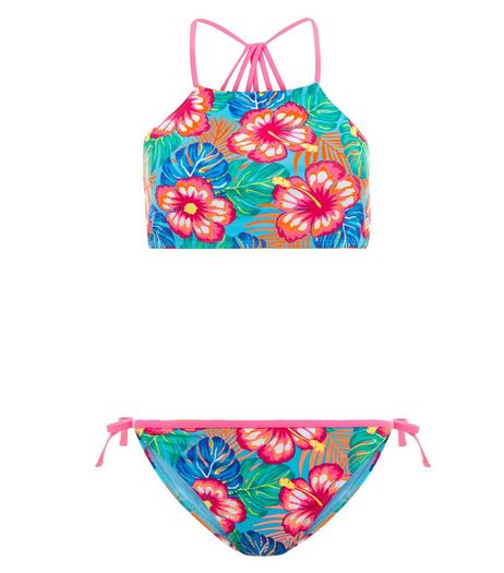 Teens Red Tropical Print Multi Strap Bikini | New Look