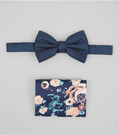 Blue Bow Tie and Floral Pocket Square Set | New Look