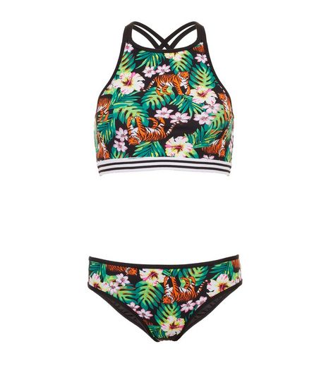 Teens Black Tiger and Floral Print Bikini | New Look