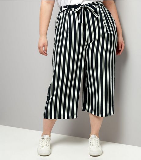 Curves Navy Stripe Tie Waist Wide Leg Cropped Trousers | New Look