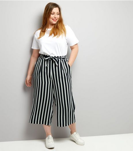 Curves Navy Stripe Tie Waist Wide Leg Cropped Trousers | New Look