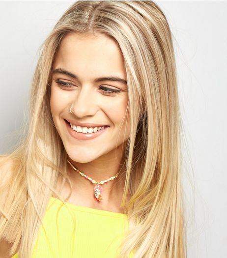 Gold Neon Bead Leaf Charm Choker | New Look