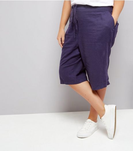 Curves Navy Linen Blend Shorts | New Look