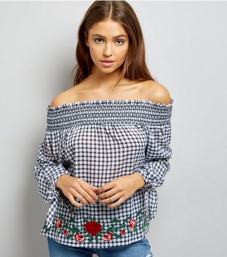 Blue Gingham Floral Embroidered Bardot Neck Top | New Look