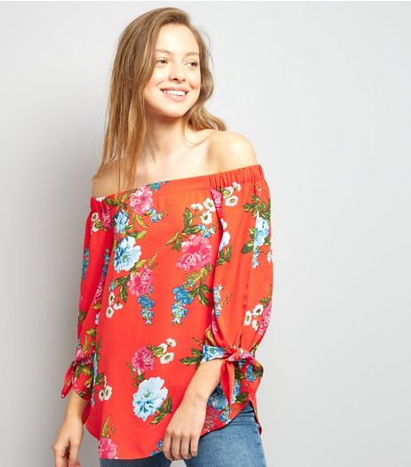 Red Floral Print Tie Sleeve Bardot Neck Top | New Look