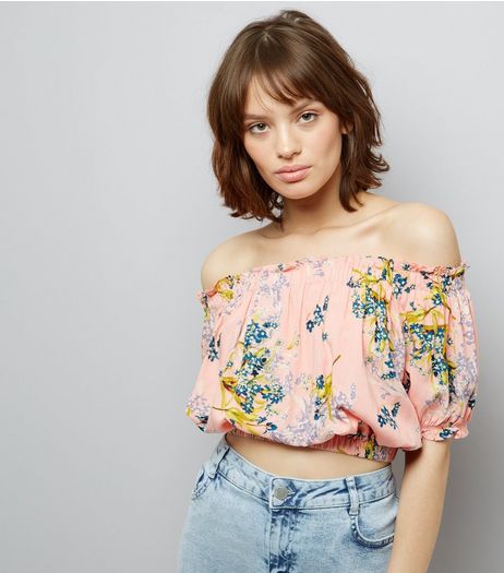 Pink Floral Print Bardot Neck Crop Top | New Look