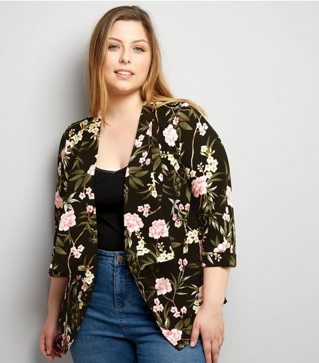 Curves Black Floral Crepe Blazer | New Look