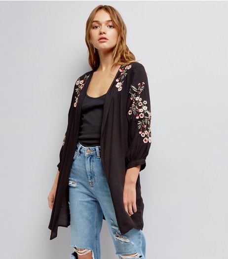 Black Floral Embroidered Kimono | New Look