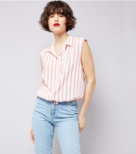 White Stripe Drawstring Hem Sleeveless Shirt | New Look