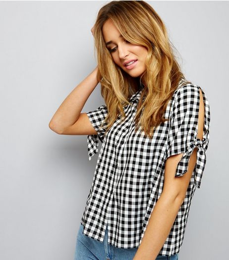 Black Gingham Check Tie Sleeve Cold Shoulder Shirt | New Look