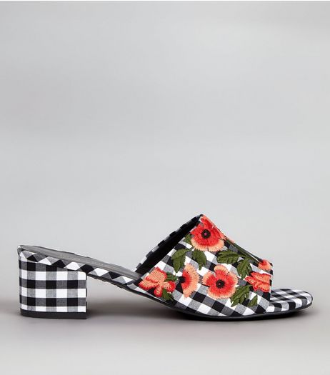 Black Gingham Floral Embroidered Mules | New Look