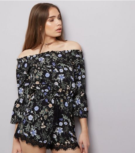 Blue Vanilla Black Floral Lace Trim Playsuit | New Look