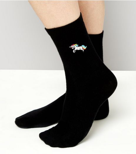 Black Unicorn Embroidered Socks | New Look