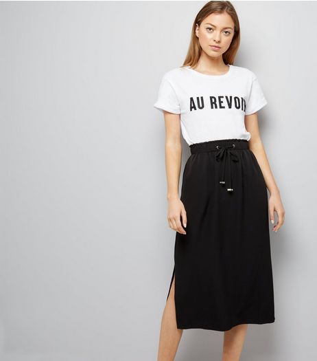 Black Drawstring Waist Split Side Midi Skirt | New Look