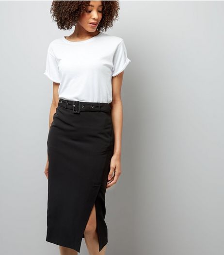 Black Belted Wrap Front Midi Skirt | New Look
