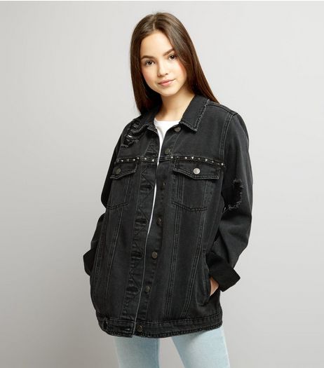 Black Ripped Stud Detail Denim Jacket | New Look
