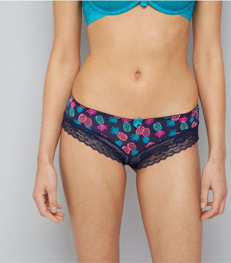 Blue Pineapple Print Lace Leg Briefs | New Look
