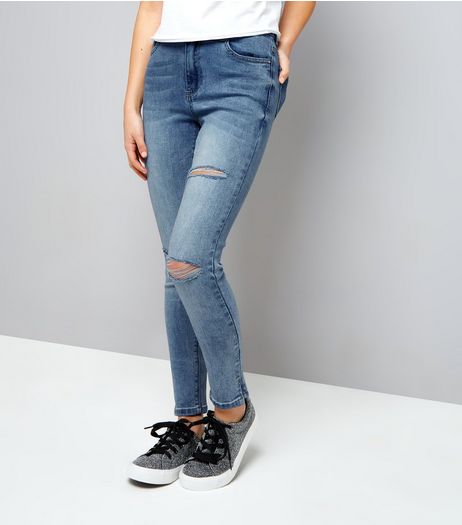 Teens Pale Blue Ripped Split Hem Skinny Jeans | New Look