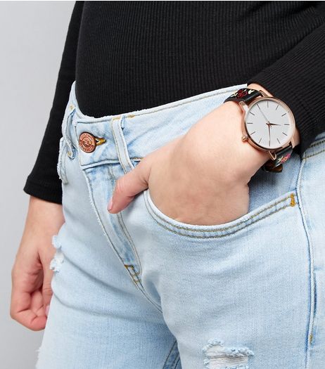 Black Floral Embroidered Strap Watch | New Look