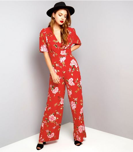 Red Floral Print Short Sleeve Jumpsuit | New Look