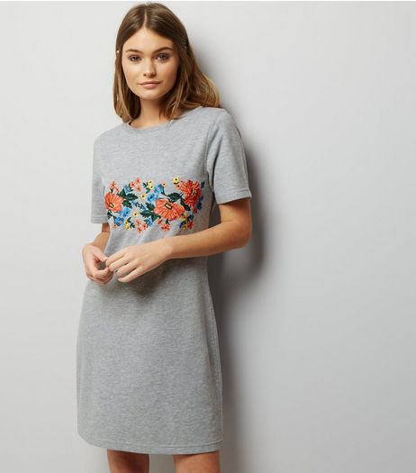Grey Floral Embroidered Tunic Dress | New Look