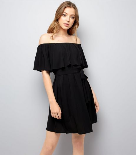 Black Frill Layered Bardot Neck Dress | New Look