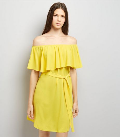 Yellow Frill Layered Bardot Neck Dress | New Look