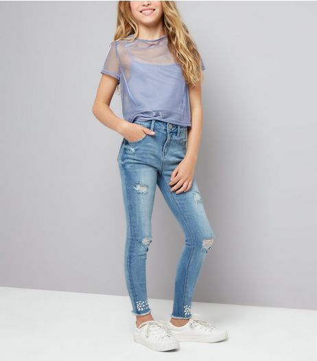 Teens Blue Pearl and Gem Detail Hem Skinny Jeans | New Look