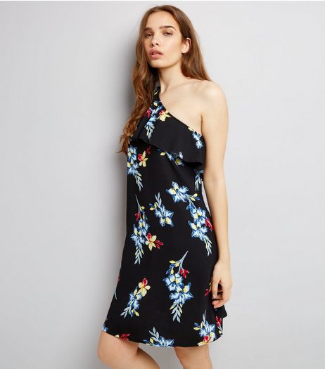 Black Floral Print Frill Trim Off The Shoulder Dress | New Look