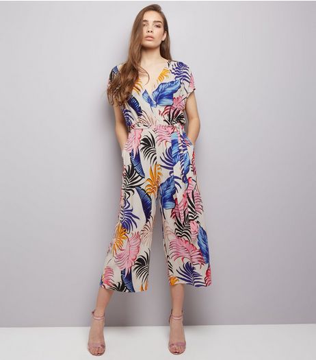 White Tropical Print Wrap Front Culotte Jumpsuit | New Look