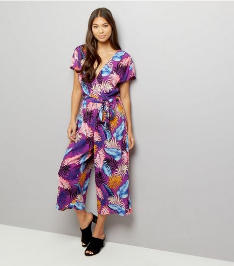 Purple Floral Print Wrap Front Culotte Jumpsuit | New Look