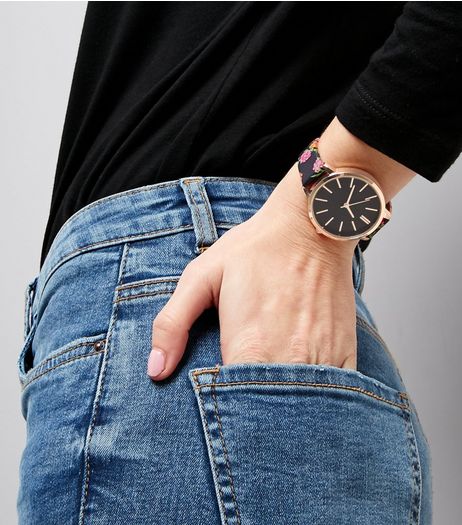 Black Floral Print Strap Watch | New Look