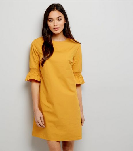 Yellow Shirred Bell Sleeve Tunic Dress | New Look