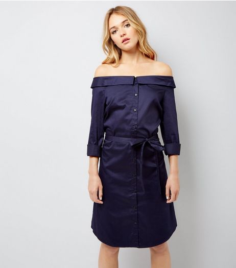 Navy Bardot Neck Shirt Dress | New Look