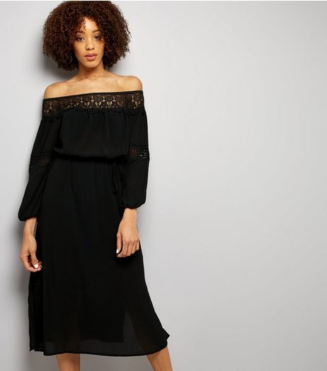 Black Crochet Lace Trim Bardot Neck Midi Dress | New Look