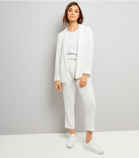 White Pinstripe Tie Waist Trousers | New Look