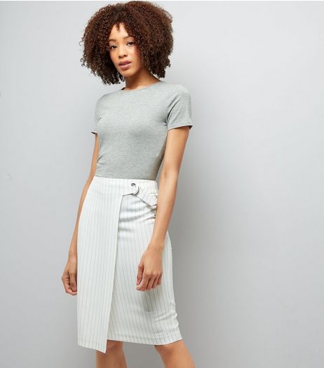 White Pinstripe Wrap Front Midi Pencil Skirt | New Look