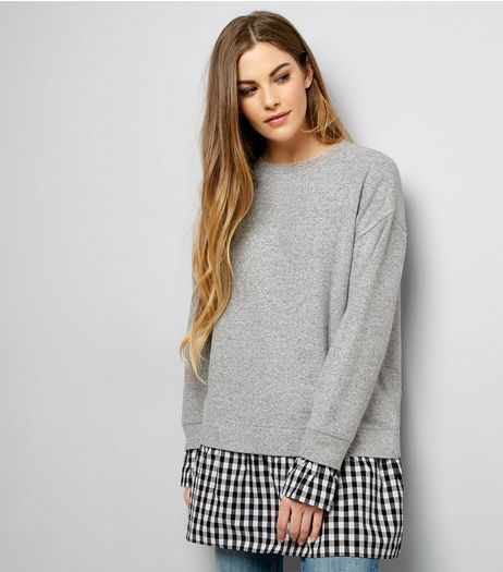 Mid Grey 2 in 1 Gingham Check Print Panel Jumper Dress | New Look