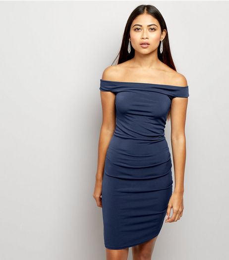 Petite Navy Bardot Ruched Bodycon Dress | New Look