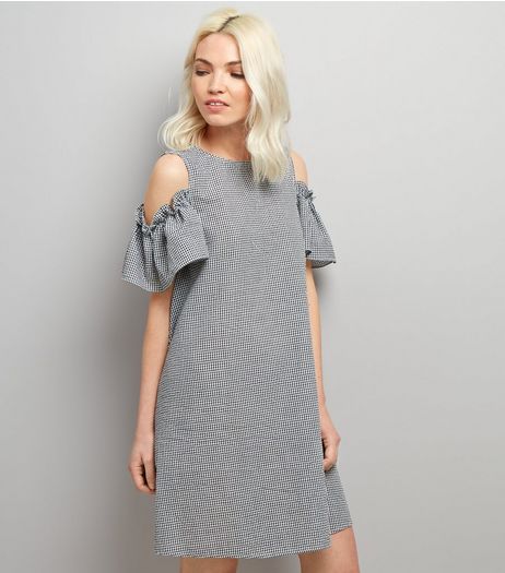 Petite Black Gingham Cold Shoulder Dress | New Look
