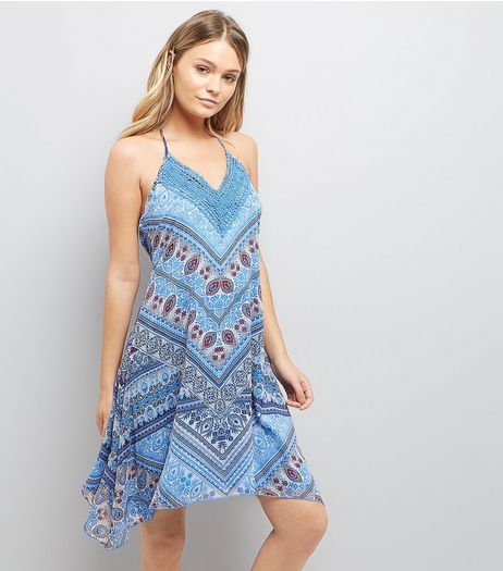 Blue Paisley Print Hanky Hem Halter Neck Dress | New Look
